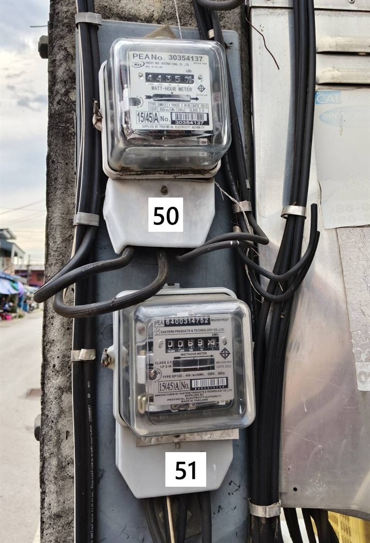 รูปถ่ายมิเตอร์ไฟแบบจานหมุนสองตัวบนเสา พร้อมป้ายเลขห้อง 50 และ 51